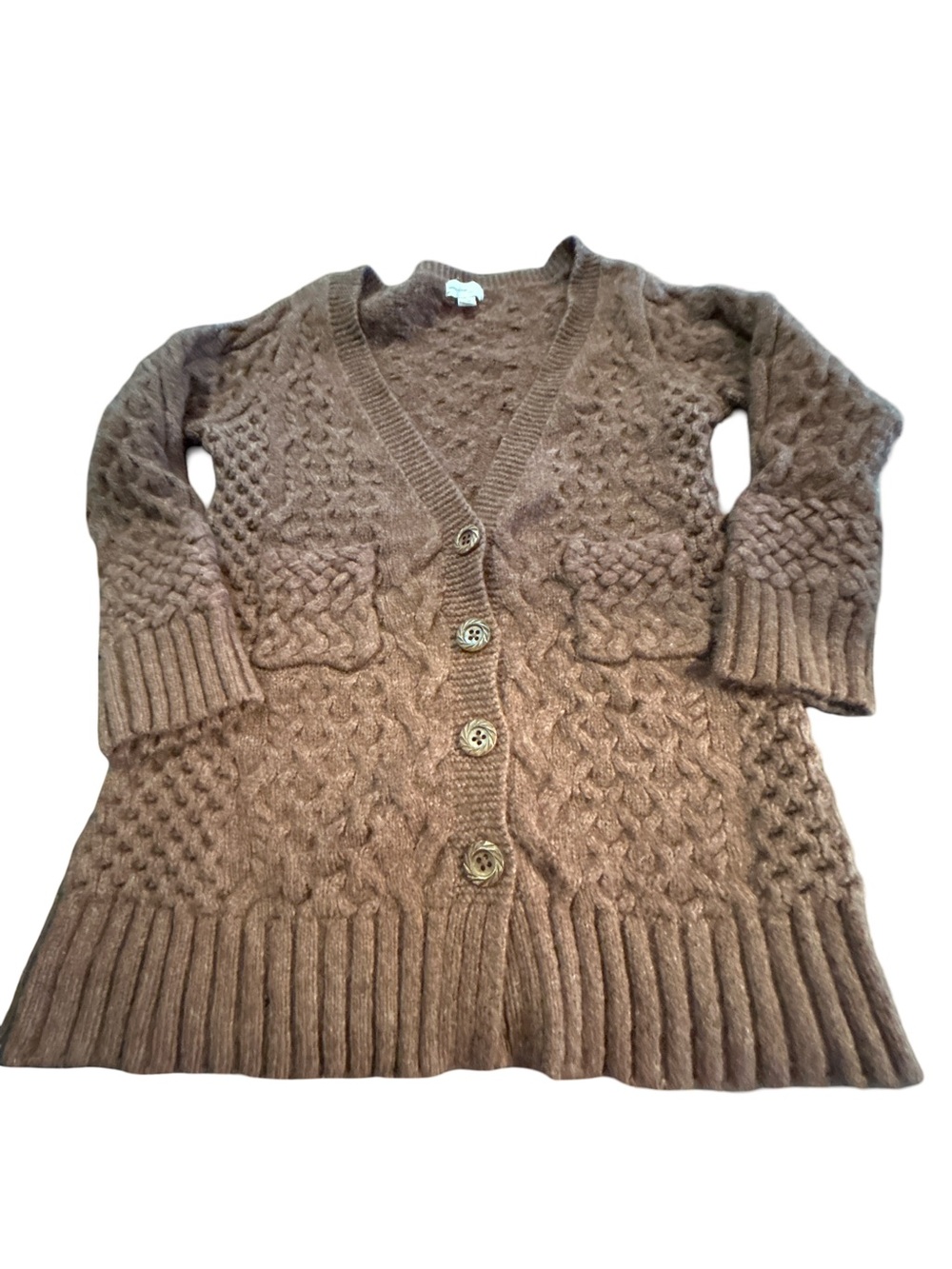 Anthropologie Retro Cable Cozy Knit Cardigan XL Brown Mohair Wool Cottagecore
